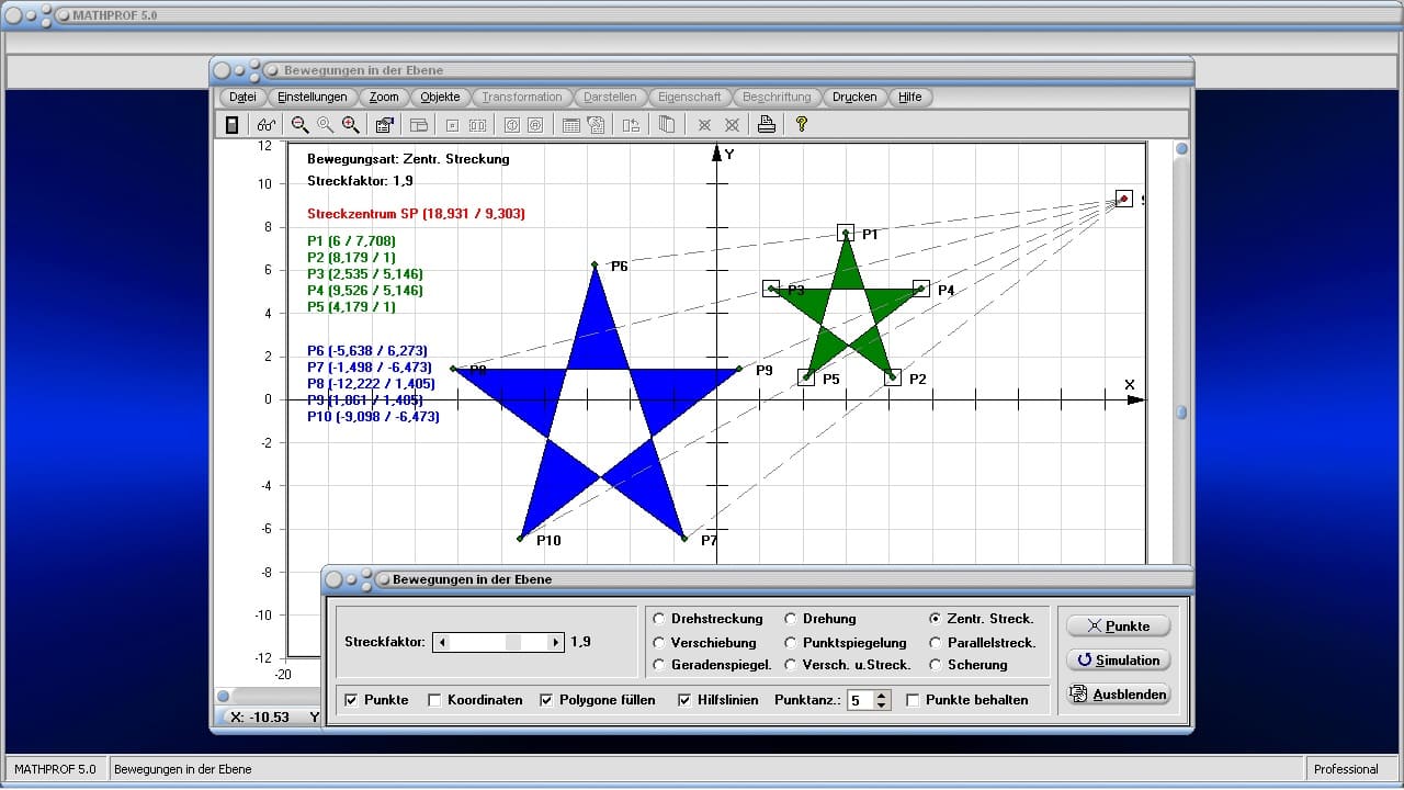 Bewegungen in der Ebene - Bild 1 - Geometrie - Streckung - Parallelstreckung - Verschiebung - Translation - Drehung - Rotation - Stauchung - Achsenspiegelung - Parallelverschiebung - Punktspiegelung - Scherung - Schrägspiegelung - Zentrisch strecken - Darstellen - Plotten - Graph - Rechner - Berechnen - Grafisch - Zeichnen - Plotter