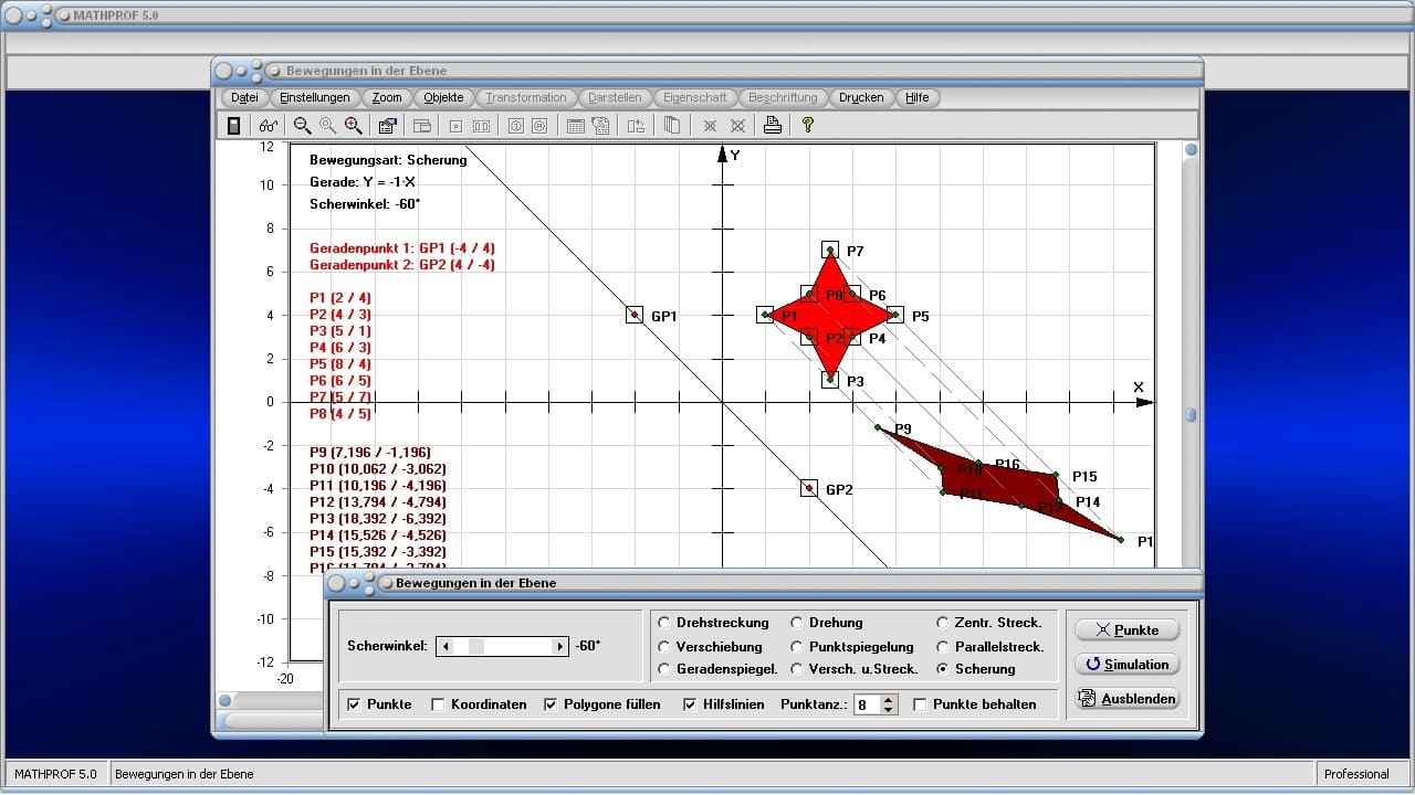 Bewegungen in der Ebene - Bild 2 - Scherung - Vieleck - Punkte - Polygon - Figur - Flächen - Scherfaktor - Darstellen - Plotten - Graph - Rechner - Berechnen - Grafik - Zeichnen - Plotter