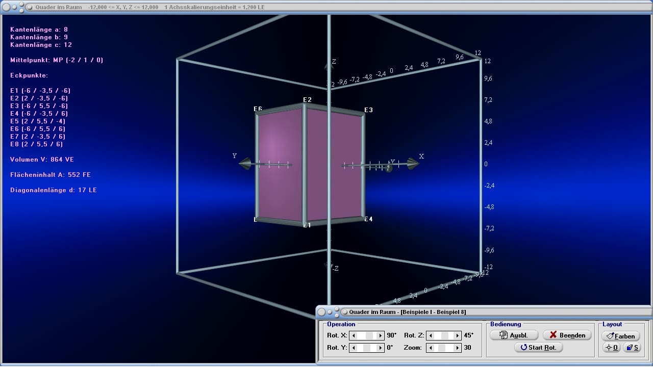 Würfel - 3D - Raum - Dreidimensional - Hexaeder - Höhe - Fläche - Diagonale - Seitenkante - Seitenfläche - Schwerpunkt - Koordinaten - Eckpunkte - Punkte - Oberfläche - Volumen - Rauminhalt - Bild - Darstellen - Plotten - Graph - Rechner - Berechnen - Grafik - Zeichnen - Plotter