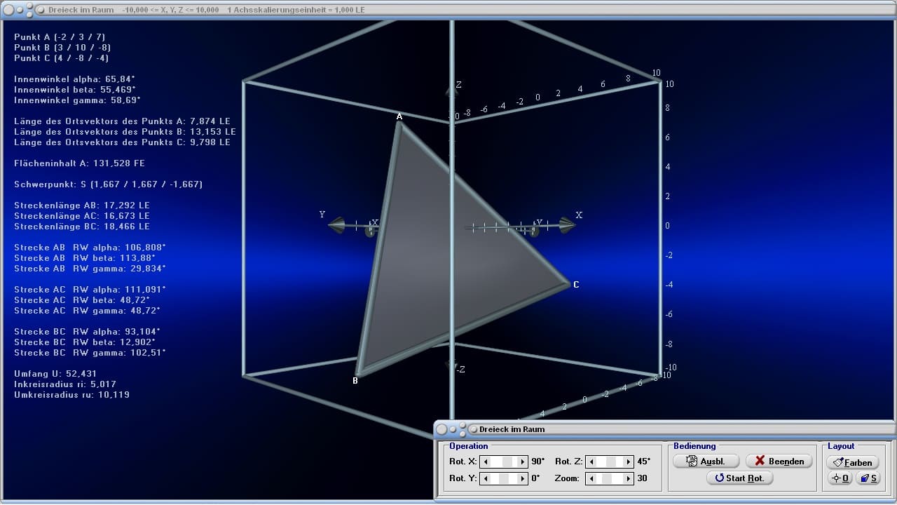 Dreieck im Raum - 3D - Fläche - Diagonale - Seiten - Fläche - Schwerpunkt - Koordinaten - Eckpunkte - Punkte - Oberfläche - Bild - Darstellen - Plotten - Graph - Rechner - Berechnen - Grafik - Zeichnen - Plotter