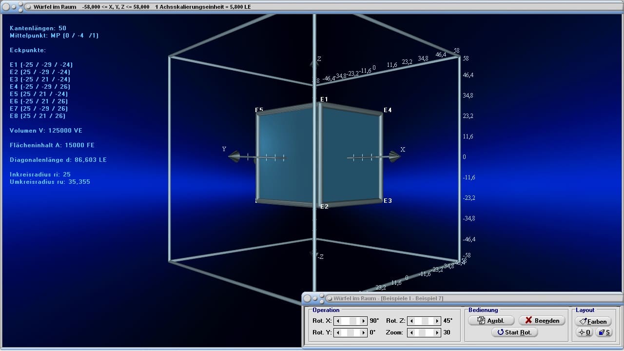 Quader - Raum - 3D - Dreidimensional - Höhe - Fläche - Diagonale - Seitenkante - Seitenfläche - Schwerpunkt - Koordinaten - Eckpunkte - Punkte - Oberfläche - Volumen - Raumdiagonale - Rauminhalt - Bild - Darstellen - Plotten - Graph - Rechner - Berechnen - Grafik - Zeichnen - Plotter