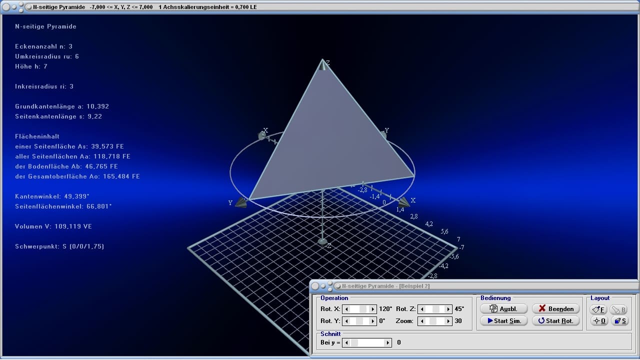 3D-Körper - Bild 1 - Pyramide - Oberfläche - Fläche - Mantelfläche - Oberflächeninhalt - Grundfläche - Mantel - Mantellinie - Seitenlänge - Seite - Volumen - Schwerpunkt - Kanten - Flächeninhalt - Rauminhalt - Grundfläche - Höhe - Bild - Darstellen - Plotten - Graph - Rechner - Berechnen - Grafisch - Zeichnen - Plotter