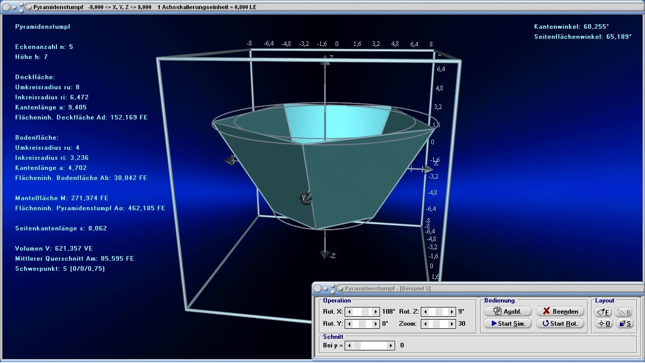 3D-Körper - Bild 2 - Pyramidenabschnitt - Fläche - Mantelfläche - Oberflächeninhalt - Grundfläche - Oberfläche - Mantel - Mantellinie - Seitenlänge - Seite - Volumen - Schwerpunkt - Kanten - Flächeninhalt -  Rauminhalt - Grundfläche - Höhe - Bild - Darstellen - Plotten - Graph - Rechner - Berechnen - Grafisch - Zeichnen - Plotter