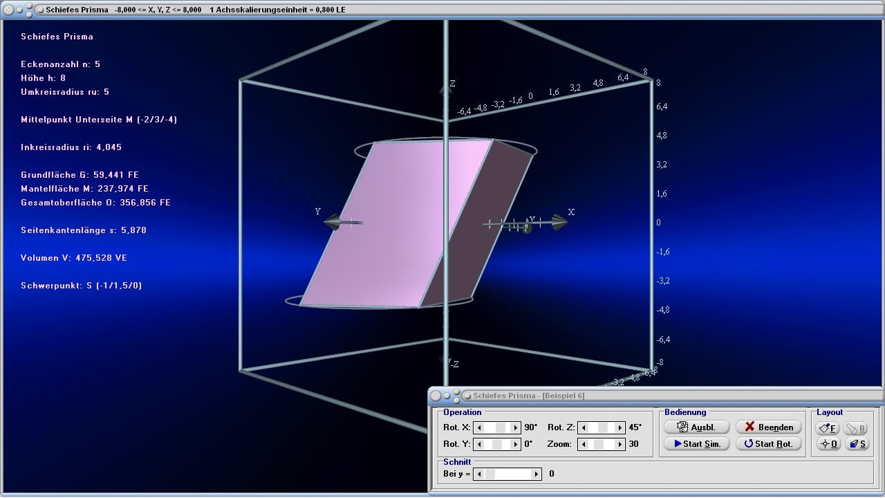 3D-Körper - Bild 4 - Prisma - Schiefes Prisma - Fläche - Mantelfläche - Oberflächeninhalt - Grundfläche - Oberfläche - Mantel - Mantellinie - Seitenlänge - Seite - Volumen - Schwerpunkt - Kanten - Flächeninhalt - Rauminhalt - Grundfläche - Höhe - Bild - Darstellen - Plotten - Graph - Rechner - Berechnen - Grafisch - Zeichnen - Plotter