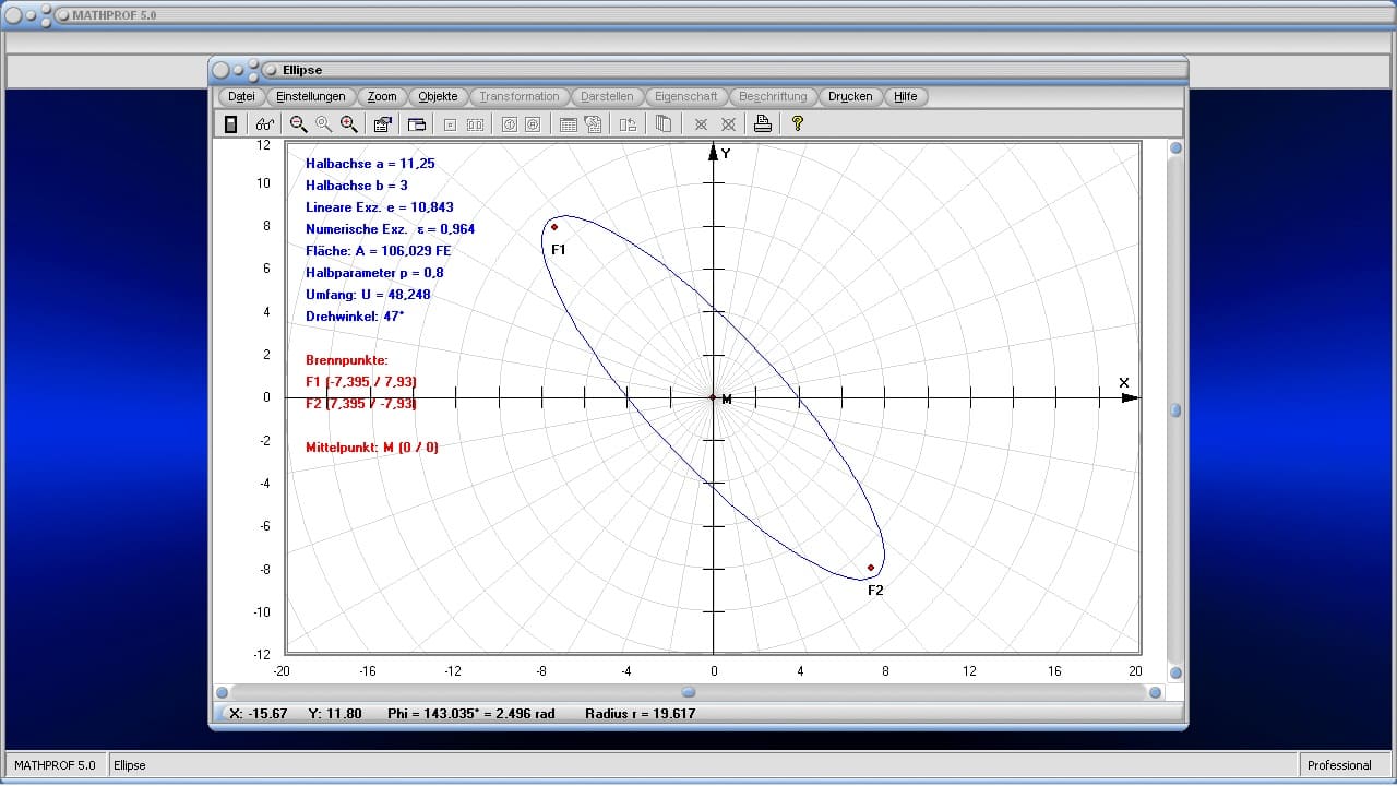Ellipse - Bild 1 - Rechner - Drehen - Flächenberechnung - Umfang - Fläche - Halbachsen - Brennpunkte - Exzentrizität - Hauptachse - Nebenachse - Halbachsen - Halbparameter - Lineare Exzentrizität - Numerische Exzentrizität - Darstellen - Plotten - Graph - Berechnen - Grafik - Zeichnen - Plotter