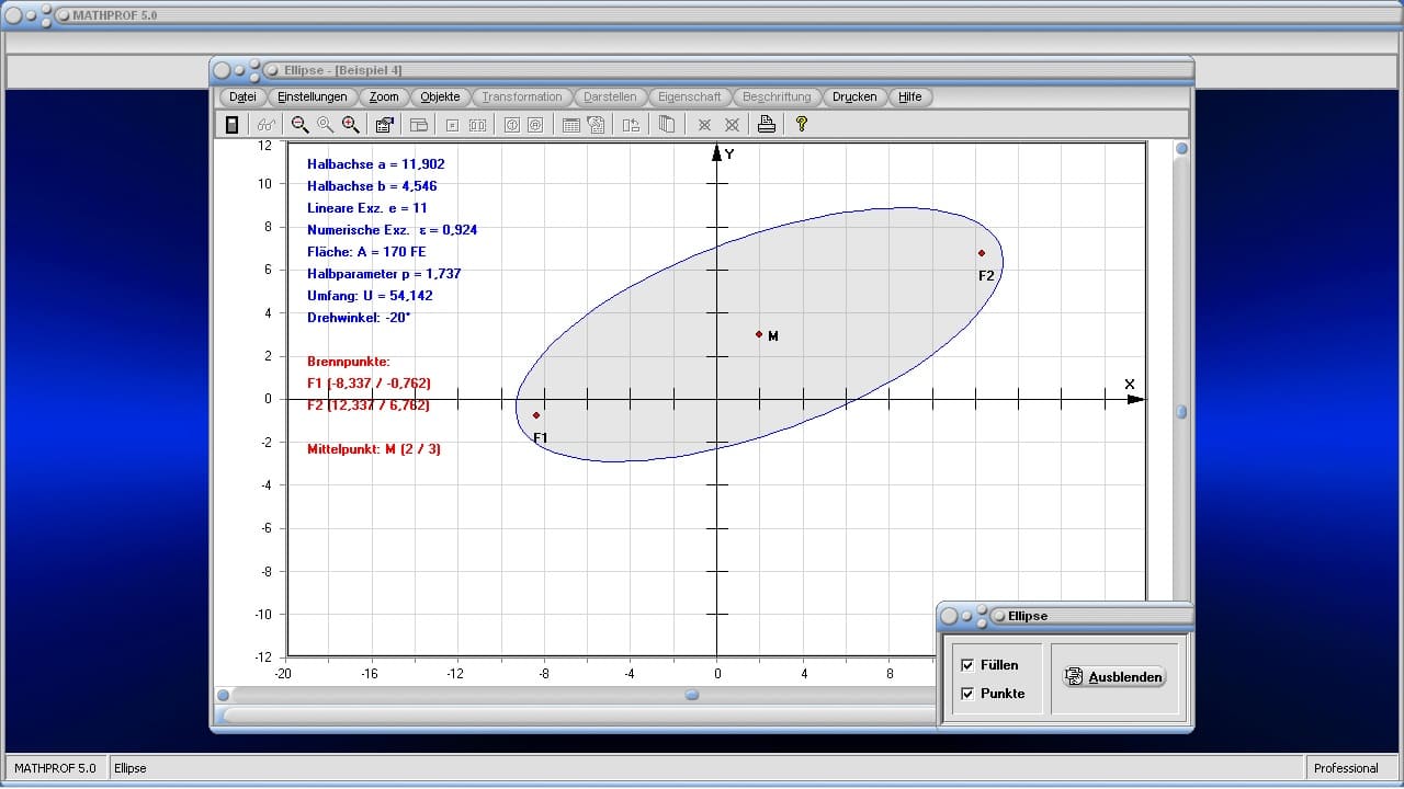 Ellipse - Bild 2 - Umfangsberechnung - Ellipsenumfang - Ellipsenberechnung - Eigenschaften - Mittelpunkt - Scheitelpunkte - Umfang - Brennpunkt - Plotter - Formel - Beispiel - Koordinaten - Fläche - Punkte - Brennpunkte - Darstellen - Plotten - Graph - Rechner - Berechnen - Zeichnen