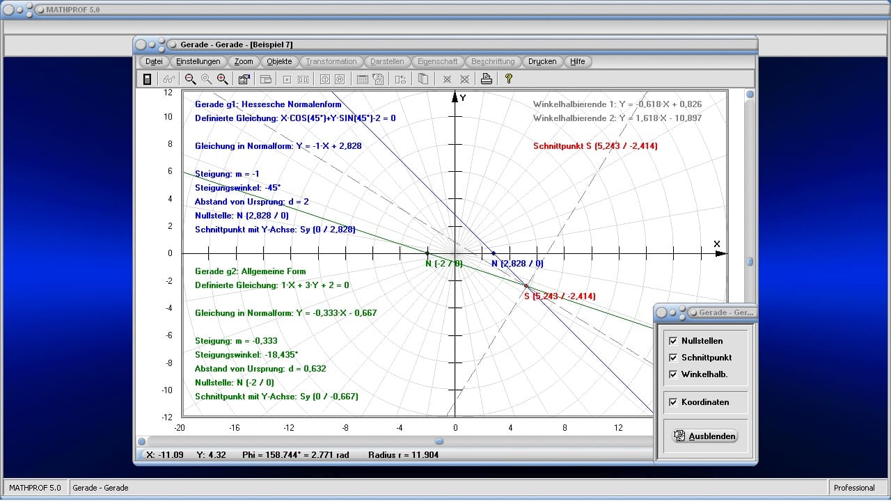 Gerade - Gerade - Bild 1 - Lagebeziehung - Zwei Geraden - Geradensteigung - Winkel zwischen Geraden - Abstand - Schneidende Geraden - Schnittpunkt - Schnittwinkel - Formel - Nullstelle - Parallele Geraden - Darstellen - Plotten - Graph - Rechner - Berechnen - Grafik - Zeichnen - Plotter