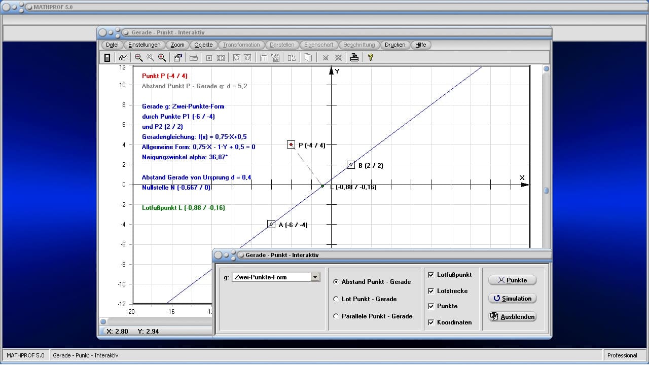 Gerade - Punkt - Bild 1 - Lotgerade - Lotfußpunkt - Lot auf Gerade - Lot - Lotlinie - Abstand - Schnittpunkt - y-Achse - Neigung - Neigungswinkel - Distanz - Geradengleichungen - Darstellen - Plotten - Graph - Rechner - Berechnen - Grafisch - Zeichnen - Plotter