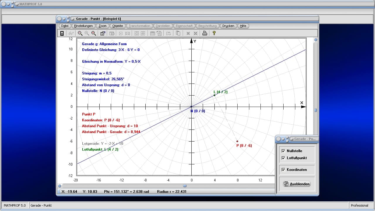 Gerade - Punkt - Bild 2 - Steigung - Lotgerade - Lotfußpunkt - Lot auf Gerade - Lot - Lotlinie - Abstand - Schnittpunkt - x-Achse - Neigung - Neigungswinkel - Distanz - Gleichung - Bild - Darstellen - Plotten - Graph - Rechner - Berechnen - Grafik - Zeichnen - Plotter