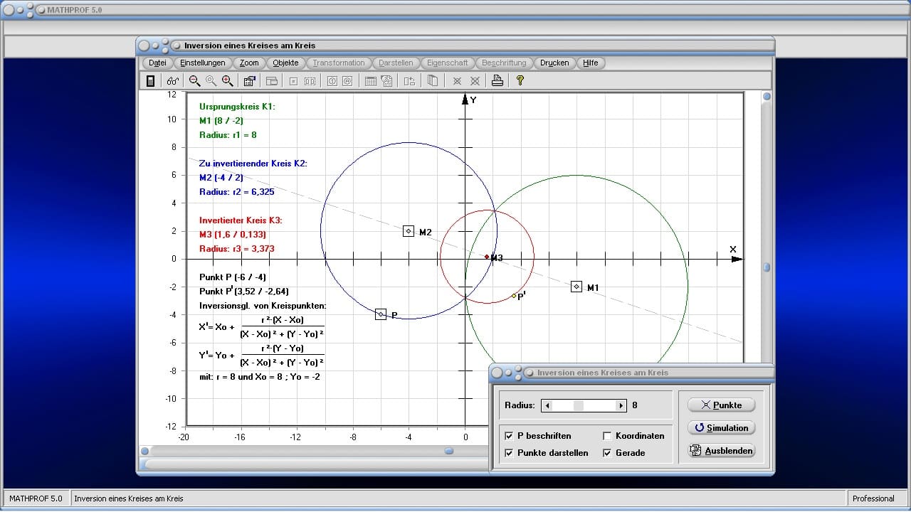 Inversion - Kreis - Gerade - Bild 1 - Inversion eines Kreises am Kreis - Kreisspiegelung - Inversionszentrum - Inversionskreis - Mittelpunkt - Zentrum - Koordinatentransformation - Ursprungskreis - Darstellen - Plotten - Graph - Rechner - Berechnen - Grafisch - Zeichnen - Plotter