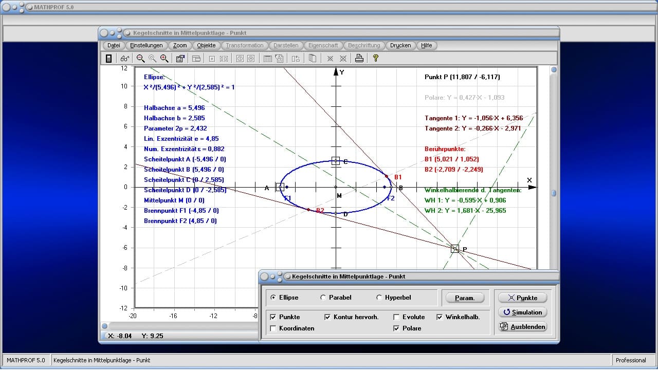 Kegelschnitte in Mittelpunktlage - Punkt  - Bild 1 - Ellipse - Punkt - Tangenten - Normalen - Brennpunkte - Kegelschnitt - Externe Tangente - Extern - Berührpunkt - Scheitelpunkte - Gleichungen - Funktion - Tangentengleichung - Darstellen - Plotten - Graph - Rechner - Berechnen - Grafisch - Zeichnen - Plotter