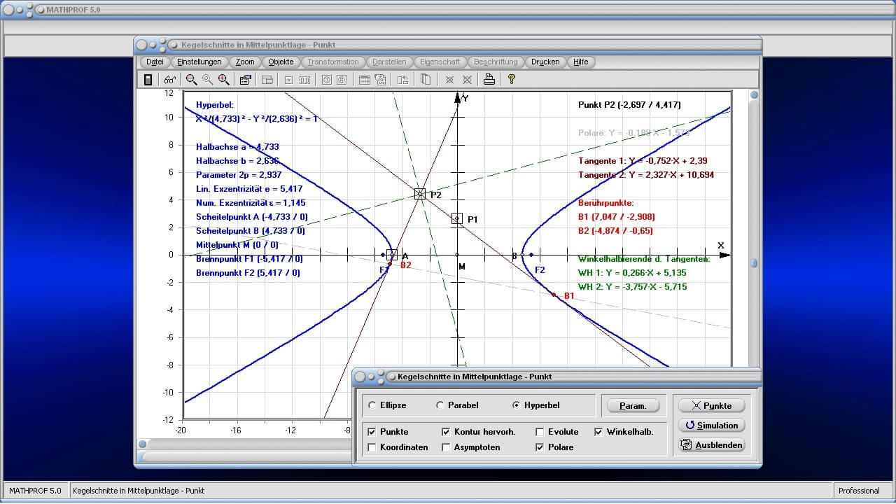 Kegelschnitte in Mittelpunktlage - Punkt  - Bild 2 - Hyperbel - Tangente - Normale - Asymptote - Kegelschnitt -  Externe Tangente - Extern - Berührpunkt - Gleichung - Funktion - Tangentengleichung - Lage - Darstellen - Plotten - Graph - Rechner - Berechnen - Grafik - Zeichnen - Plotter