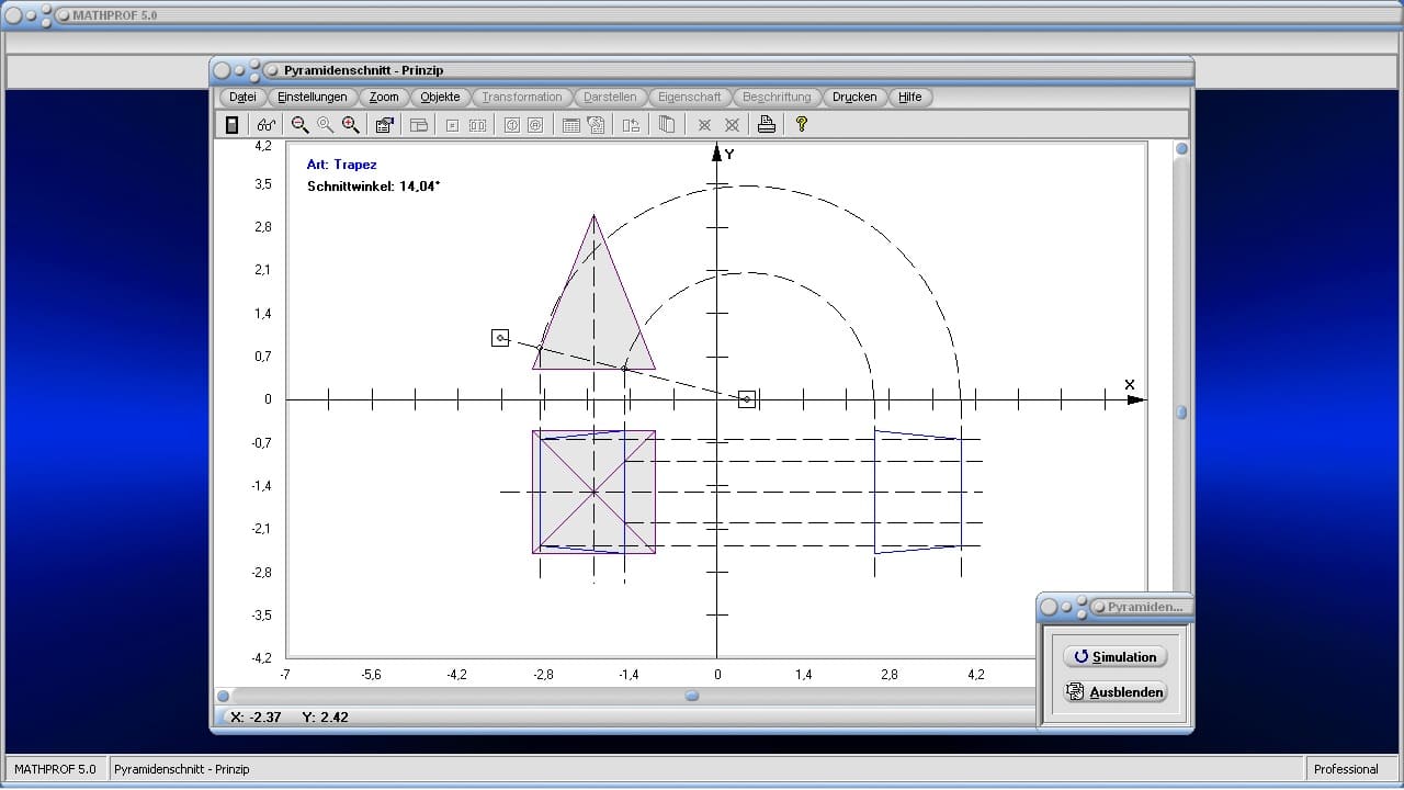 Pyramidenschnitt - Prinzip - Pyramide - Schneiden - Schnitt - Rissachse - Schnittmuster - Winkel - Schnittwinkel - Ebene - Quadratische regelmäßige Pyramide - Schnittfläche - Neigungswinkel - Schnittebene - Simulation - Darstellen - Plotten - Graph - Rechner - Berechnen - Grafik - Zeichnen - Plotter