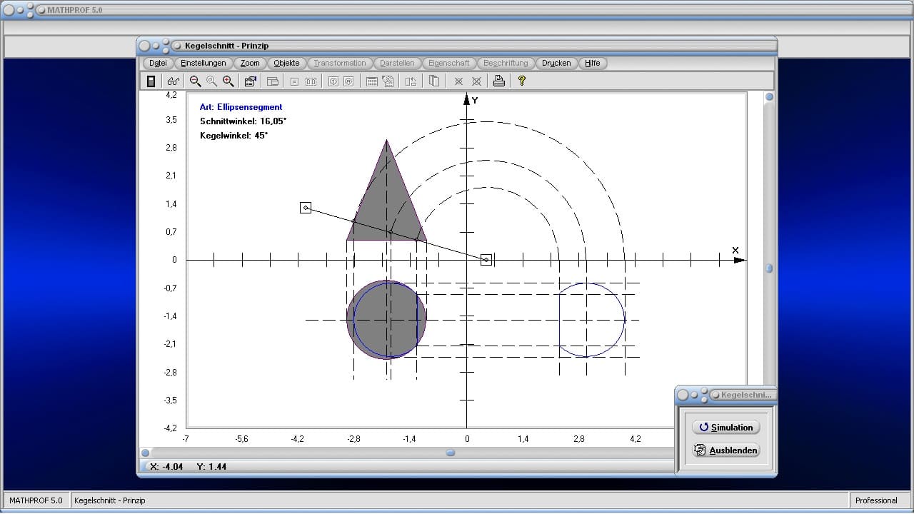 Kegelschnitt - Prinzip - Kegel - Schneiden - Schnitt - Rissachse - Schnittmuster - Winkel - Schnittwinkel - Ebene - Schnittfläche - Ellipsensegment - Kegelwinkel - Neigungswinkel - Schnittebene - Bild - Darstellen - Simulation - Plotten - Graph - Rechner - Berechnen - Grafik - Zeichnen - Plotter