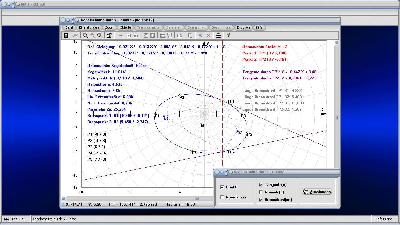 Kegelschnitte durch fünf Punkte  - Bild 2 - Ellipse durch 5 Punkte - Ellipsengleichung - Brennpunkt - Brennstrahl - Gleichung - Halbachse - Tangente - Normale - Exzentrizität - Hyperbelgleichung - Kegelschnitt - Fünf Punkte - Darstellen - Plotten - Graph - Rechner - Berechnen - Grafik - Zeichnen - Plotter