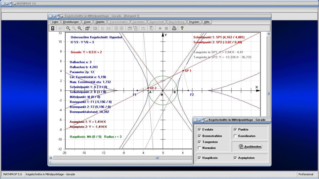 Kegelschnitte in Mittelpunktlage - Gerade - Bild 1 - Kegelschnitt - Hyperbel - Brennpunkte - Schnittpunkte - Gleichung - Funktion - Darstellen - Plotten - Graph - Rechner - Berechnen - Grafik - Zeichnen - Plotter