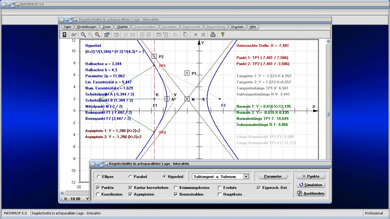 Kegelschnitte in achsparalleler Lage - Bild 4 - Kegelschnittkurven - Hyperbel - Sektor - Hyperbelberechnung - Mittelpunkt - Brennpunkte - Bild - Darstellen - Plotten - Graph - Rechner - Berechnen - Grafik - Zeichnen - Plotter