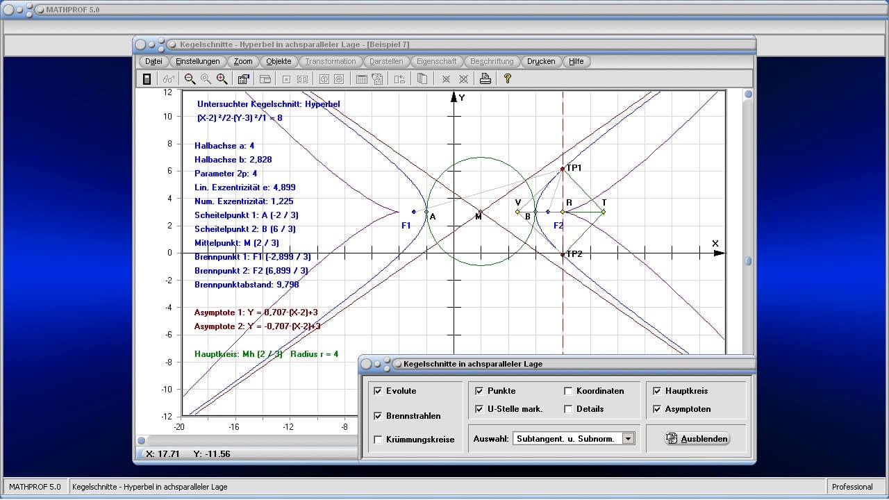 Kegelschnitte in achsparalleler Lage - Bild 1 - Kegelschnitt - Hyperbel - Asymptoten - Brennpunkte - Darstellen - Plotten - Graph - Rechner - Berechnen - Grafik - Zeichnen - Plotter