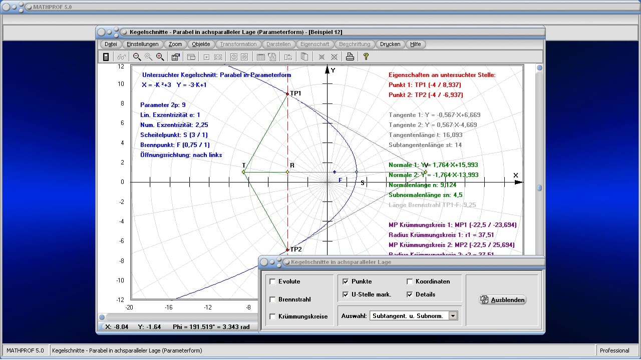 Kegelschnitte in achsparalleler Lage - Bild 3 - Kurven 2. Ordnung - Brennpunkt - Halbachse - Parameter - Umfang - Liegende Parabel - Parabel - Parabelbogen - Öffnungsrichtung - Funktionsgleichung - Kegelschnitt - Evolute - Krümmungskreis - Asymptoten - Tangenten - Mittelpunkt - Darstellen - Plotten - Graph - Rechner - Berechnen - Grafik - Zeichnen - Plotter