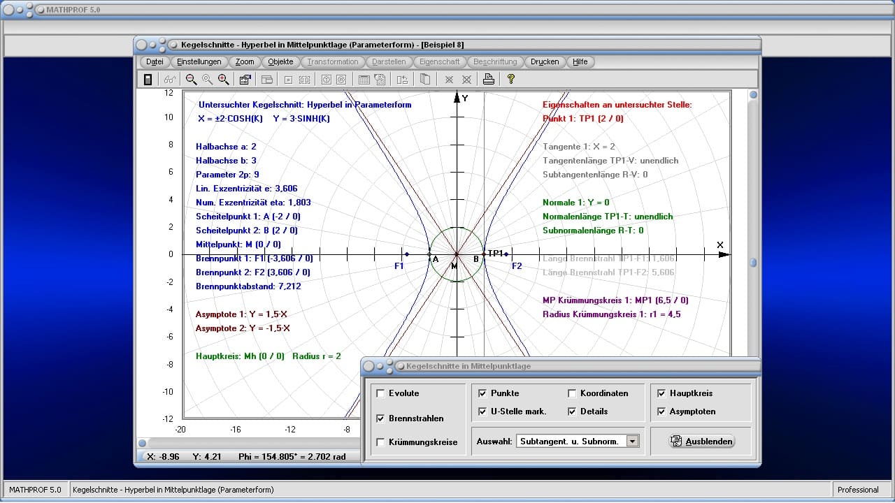 Kegelschnitte in Mittelpunktlage - Bild 1 - Kegelschnitt - Hyperbel - Brennpunkte - Segment - Abschnitt - Ausschnitt - Sektor - Mittelpunkt - Darstellen - Plotten - Graph - Rechner - Berechnen - Grafik - Zeichnen - Plotter