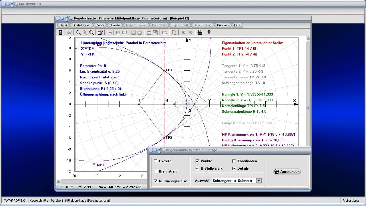 Kegelschnitte in Mittelpunktlage - Bild 3 - Kurven 2. Ordnung - Brennpunkt - Halbachse - Parameter - Umfang - Horizontale Parabel - Parabel - Öffnungsrichtung - Funktionsgleichung - Kegelschnitt -  Evolute - Krümmungskreis - Asymptoten - Tangenten - Mittelpunkt - Darstellen - Plotten - Graph - Rechner - Berechnen - Grafik - Zeichnen - Plotter