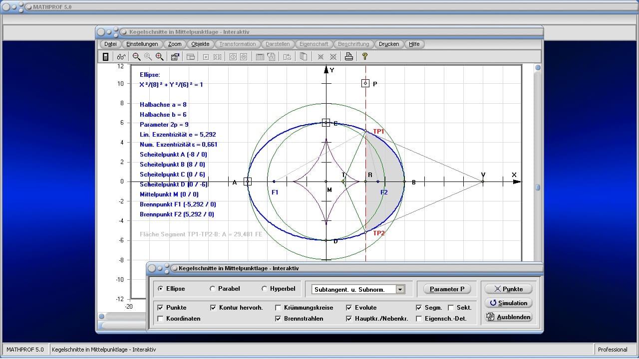 Kegelschnitte in Mittelpunktlage - Bild 4 - Kegelschnitte - Kegelschnittkurven - Ellipsensegment - Ellipsenabschnitt - Halbellipse - Ellipsensektor - Ellipse - Kreis - Segment - Abschnitt - Ausschnitt - Sektor - Ellipsenbogen - Ellipsenberechnung - Ellipsengleichung - Mittelpunkt - Bild - Darstellen - Plotten - Graph - Rechner - Berechnen - Grafik - Zeichnen - Plotter