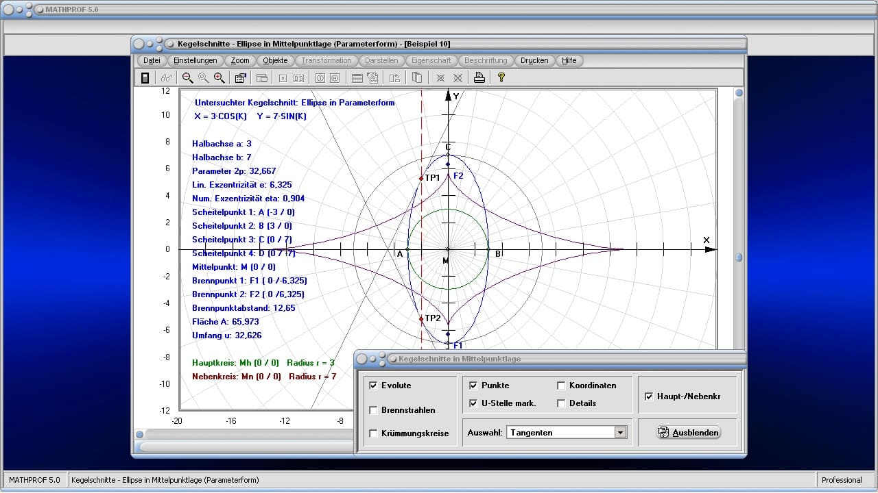 Kegelschnitte in Mittelpunktlage - Bild 2 - Kegelschnittkurven - Ellipsen - Ellipse - Kreis - Segment - Abschnitt - Ausschnitt - Sektor - Ellipsenbogen - Ellipsenberechnung - Ellipsengleichung - Mittelpunkt - Darstellen - Plotten - Graph - Rechner - Berechnen - Grafik - Zeichnen - Plotter