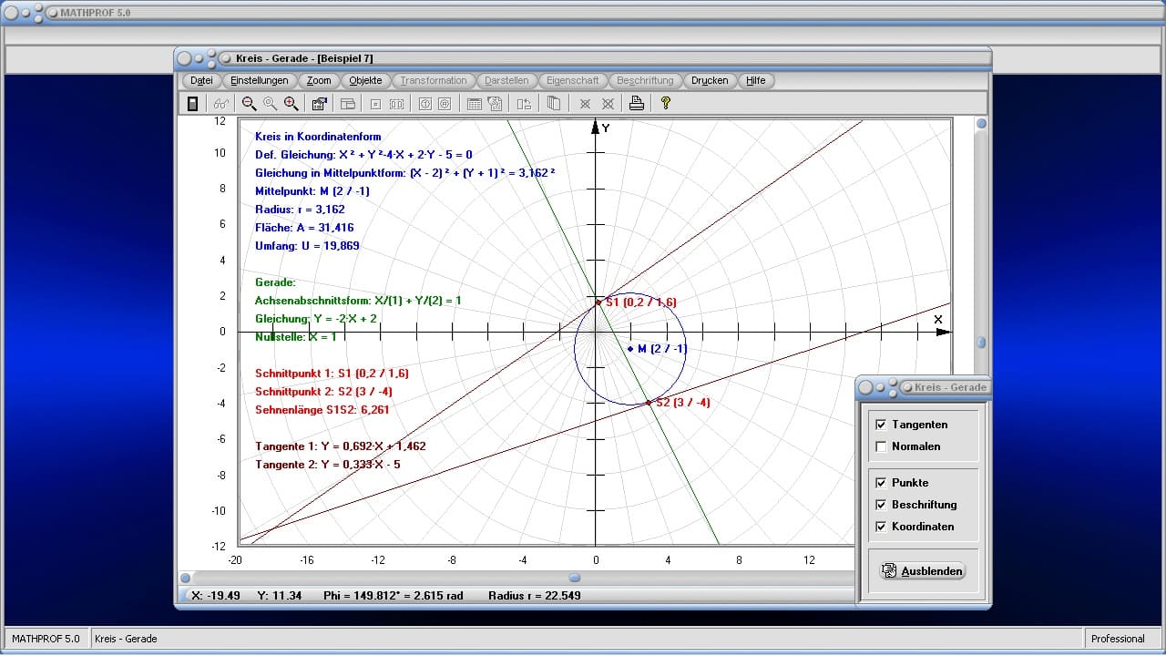 Kreis - Gerade - Bild 1 - Mittelpunktform - 3-Punkte - Vektoriell - Koordinatenform - Parameterdarstellung - Scheitelgleichung - Schnittpunkte - Berührpunkt - Abstand - Sehnenlänge - Darstellen - Plotten - Graph - Rechner - Berechnen - Grafisch - Zeichnen - Plotter