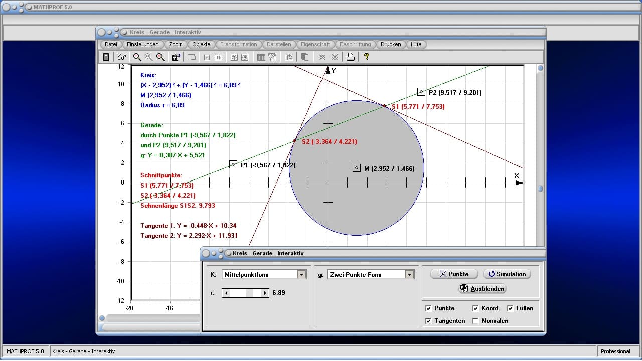 Kreis - Gerade - Bild 2 - Tangente - Passante - Schnittpunkte - Abstand - Kreisgleichungen - Kreis durch drei Punkte - Kreisformeln - Kreisberechnung - Flächenberechnung - Darstellen - Plotten - Graph - Rechner - Berechnen - Grafik - Zeichnen - Plotter