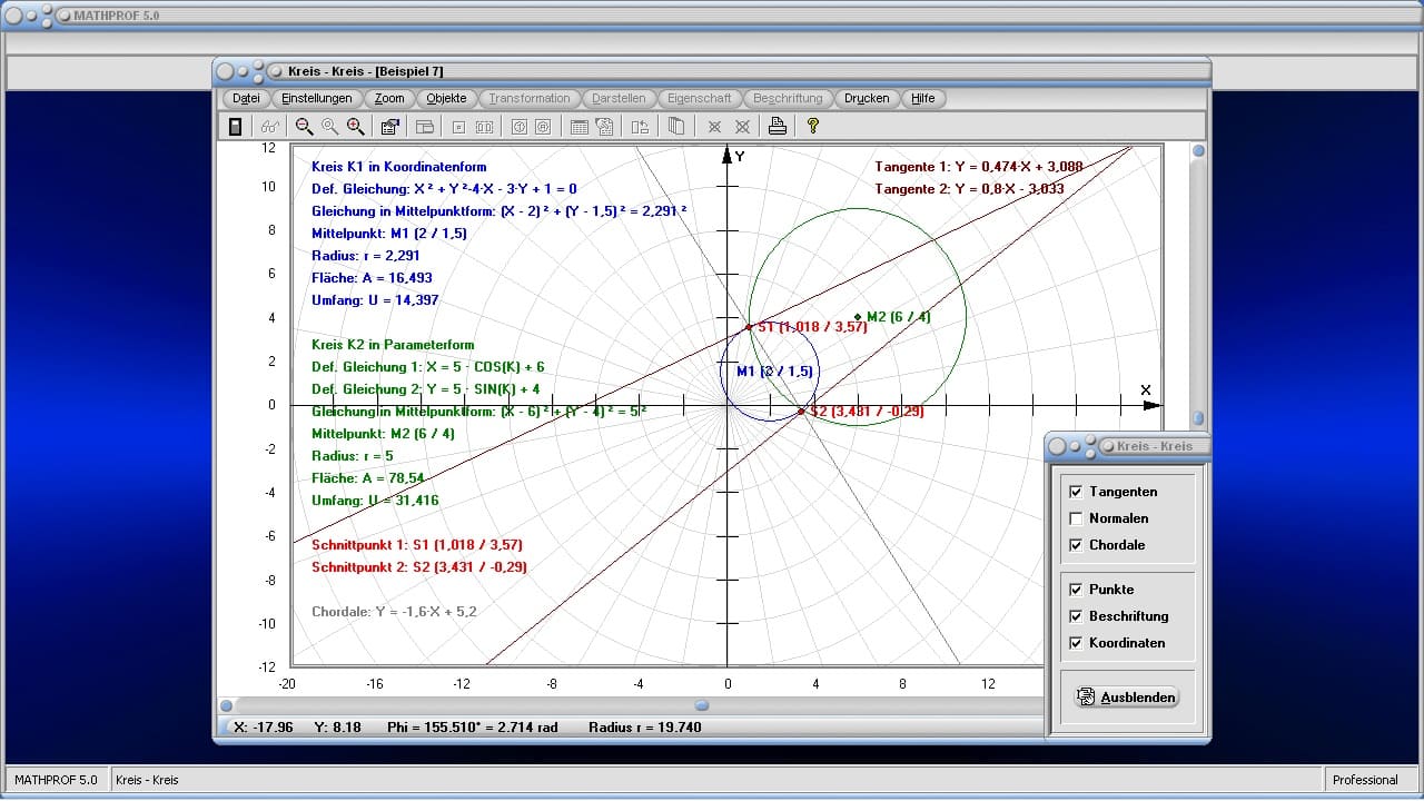 Kreis - Kreis - Bild 1 - Kreise - Schnittpunkte - Kreisfunktion - Berechnung - Darstellung -  Gegenseitige Lage - Abstand zweier Kreise - Schnittpunkte Kreis Kreis - Berührungspunkt zweier Kreise - Tangenten - Normalen - Bild - Darstellen - Plotten - Graph - Rechner - Berechnen - Grafik - Zeichnen - Plotter