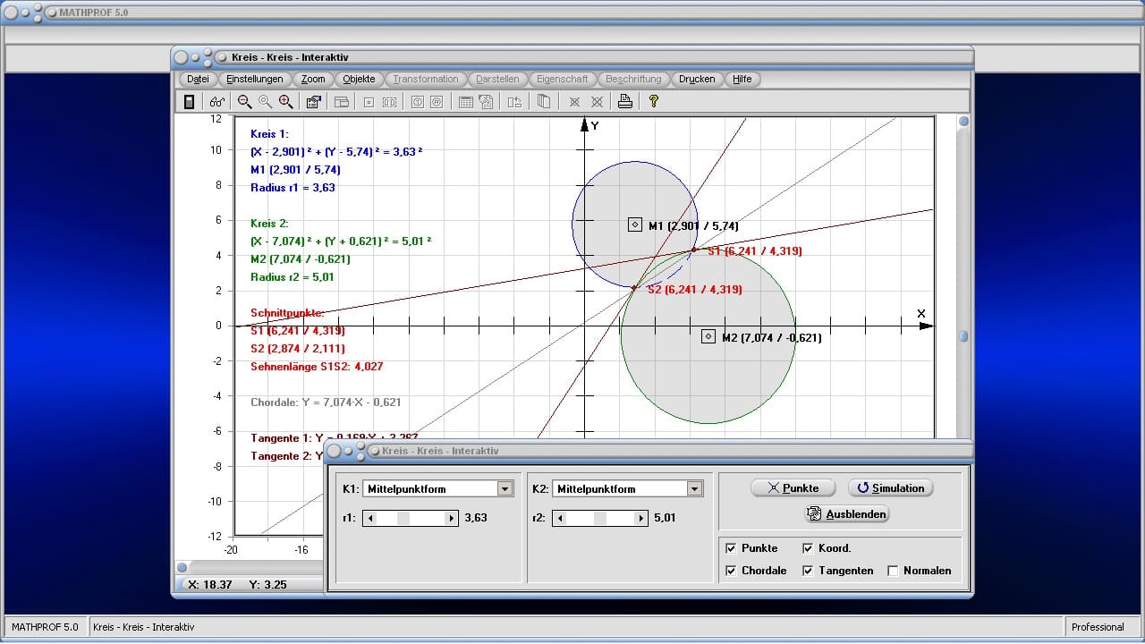 Kreis - Kreis - Bild 2 - Kreise - Schneiden - Chordale - Schnittpunkte - Tangenten zweier Kreise - Konzentrische Kreise - Kreisberechnung - Kreistangenten - Radien - Kreisquerschnitt - Kreisumfang - Eigenschaften - Mittelpunktsform - Bild - Darstellen - Plotten - Graph - Rechner - Berechnen - Grafik - Zeichnen - Plotter
