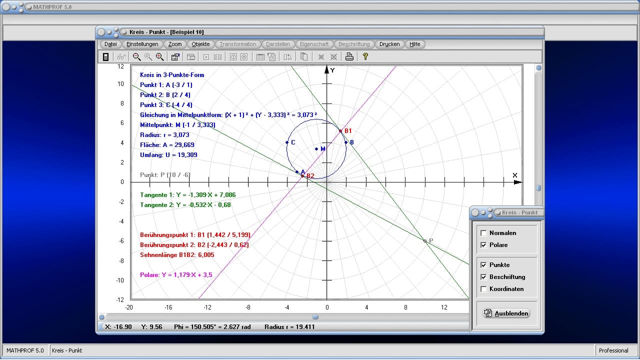 Kreis - Punkt - Bild 1 - Tangente - Normale - Radius - Durchmesser - Abstand - Allgemeine Kreisgleichung - Berührpunkt - Kreisformel - Koordinaten - Darstellen - Plotten - Graph - Rechner - Berechnen - Grafisch - Zeichnen - Plotter