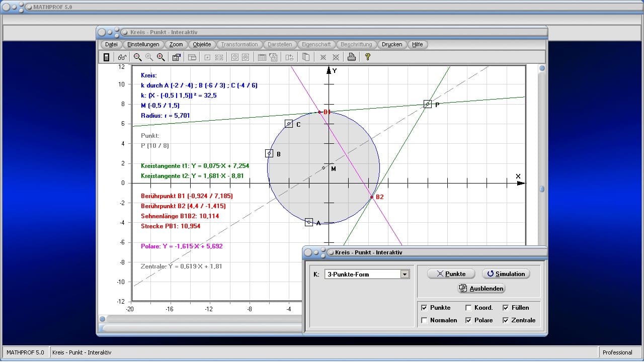 Kreis - Punkt - Bild 2 - Tangenten - Normalen - Abstand - Kreisgleichung - Berührpunkt - Kreisformel - Koordinaten - Darstellen - Plotten - Graph - Rechner - Berechnen - Grafisch - Zeichnen - Plotter