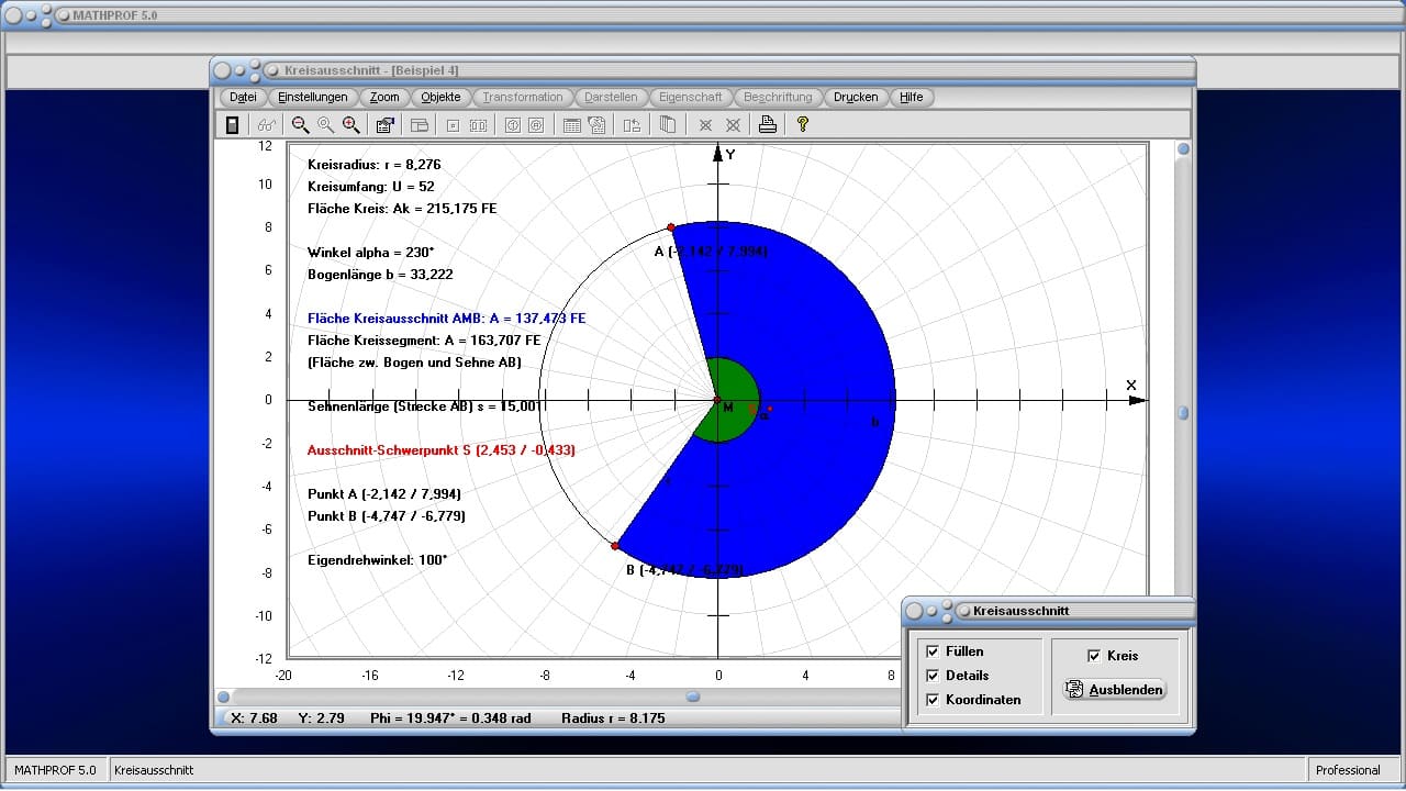 Kreisausschnitt - Bild 1 - Kreissektor - Kreisbogen - Kreisteile - Kreissehne - Bogenlänge - Schwerpunkt - Bogenwinkel - Sektorwinkel - Koordinaten - Kreislinie - Bogen - Bögen - Fläche - Darstellen - Plotten - Graph - Rechner - Berechnen - Grafik - Zeichnen - Plotter