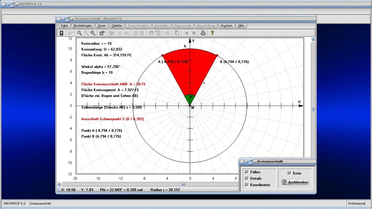 Kreisausschnitt - Bild 2 - Ausschnitt - Kreissektoren - Bogenwinkel - Sektorwinkel - Flächenschwerpunkt - Sektorfläche - Kreisbogenlänge - Sektor - Kreissehne - Teilfläche - Sehne - Darstellen - Plotten - Graph - Rechner - Berechnen - Grafik - Zeichnen