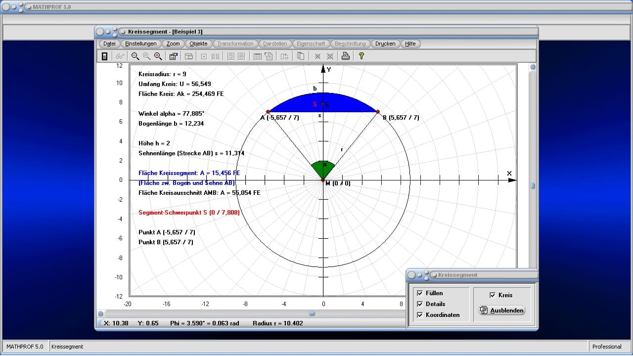 Kreissegment - Bild 1 - Kreisabschnitt - Kreissehne - Bogen - Sehne - Länge - Kreisteile - Kreisbogenlänge - Schwerpunkt - Bogenabschnitt - Teilfläche eines Kreises - Flächeninhalt - Darstellen - Plotten - Graph - Rechner - Berechnen - Grafik - Zeichnen