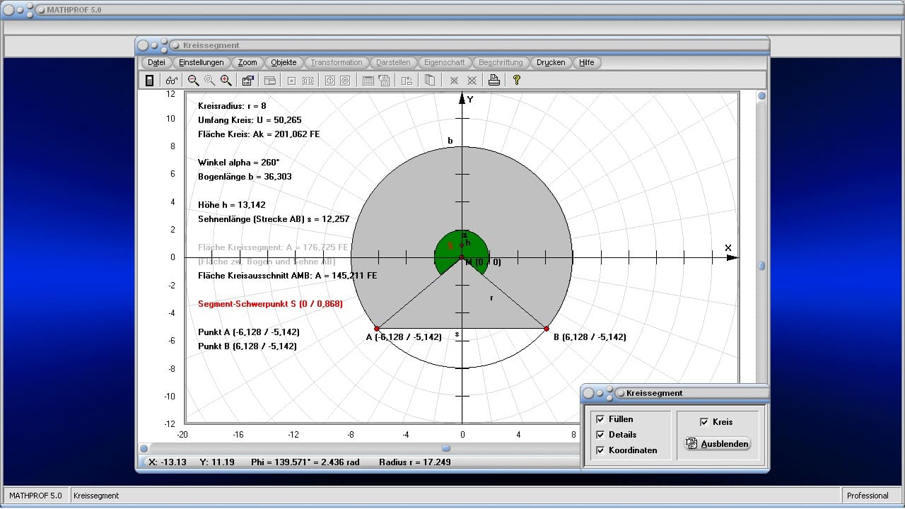 Kreissegment - Bild 2 - Kreisabschnitt - Winkel - Teilfläche - Sehnenlänge - Segmentfläche - Bild - Darstellen - Rechner - Berechnen - Grafik - Plotter - Darstellen - Plotten - Grafisch - Rechner - Berechnen