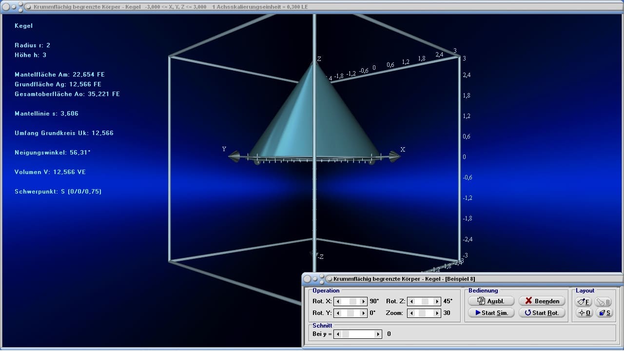 Krummflächig begrenzte Körper - Bild 1 - Kegel - Fläche - Mantelfläche - Oberflächeninhalt - Grundfläche - Oberfläche - Mantel - Mantellinie - Seitenlänge - Seite - Volumen - Schwerpunkt - Flächeninhalt - Rauminhalt - Grundfläche - Flächenberechnung - Volumenberechnung - Höhe - Darstellen - Plotten - Graph - Rechner - Berechnen - Grafisch - Zeichnen - Plotter