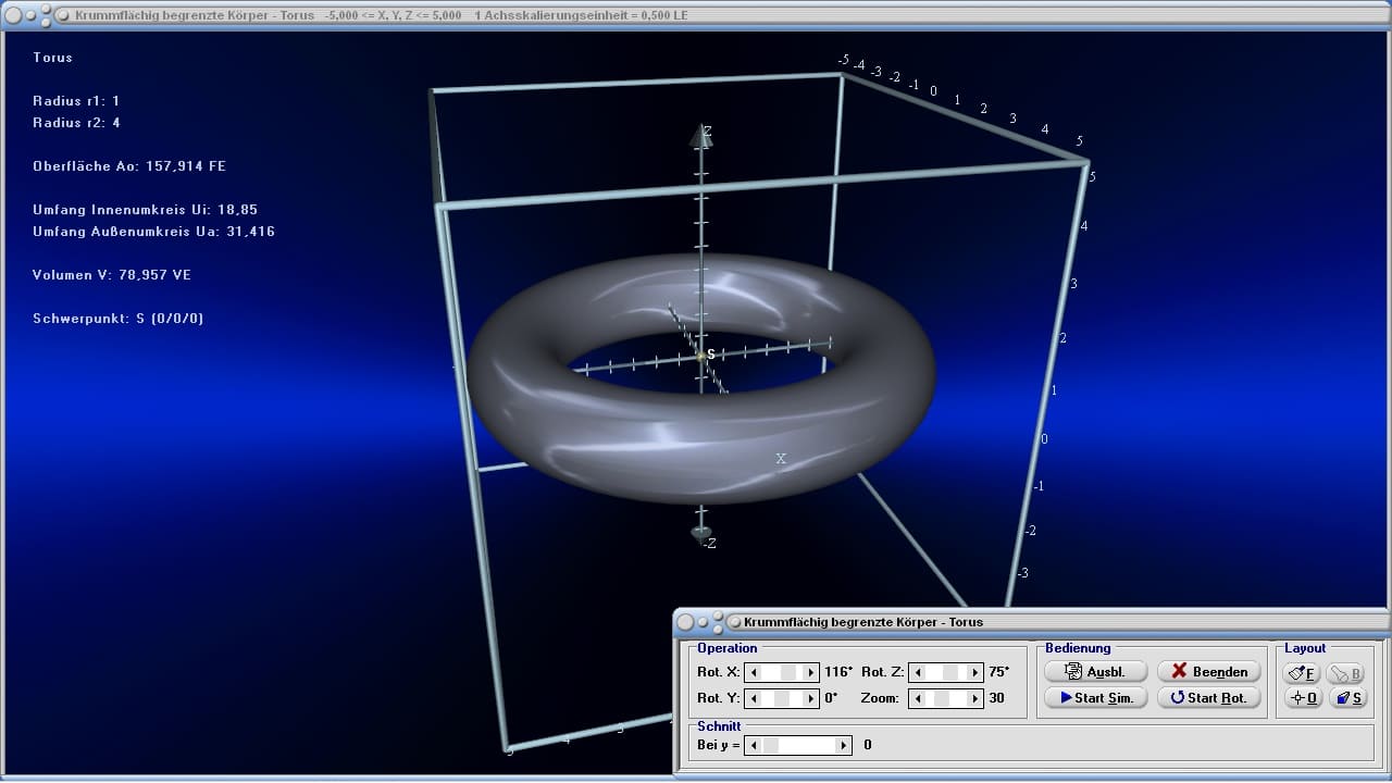 Krummflächig begrenzte Körper - Bild 3 - Torus - Oberfläche - Fläche - Mantelfläche - Oberflächeninhalt - Mantel - Volumen - Schwerpunkt - Flächeninhalt - Rauminhalt - Flächenberechnung - Volumenberechnung - Rauminhalt - Darstellen - Plotten - Graph - Rechner - Berechnen - Grafisch - Zeichnen - Plotter