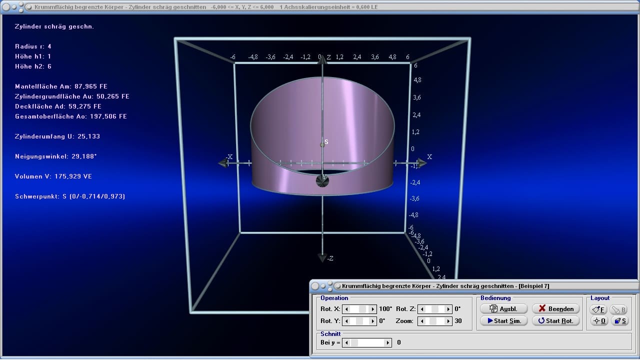Krummflächig begrenzte Körper - Bild 4 - Zylinderausschnitt - Zylinder - Geschnitten - Ausschnitt - Fläche - Mantelfläche - Oberflächeninhalt - Grundfläche - Volumen - Oberfläche - Schwerpunkt - Flächeninhalt - Flächenberechnung - Volumenberechnung - Mantel - Bodenfläche - Rauminhalt - Deckfläche - Höhe - Darstellen - Plotten - Rechner - Berechnen - Zeichnen - Plotter