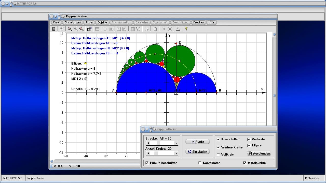 Pappus-Kreise - Bild 1 - Pappus-Ketten - Kreise im Kreis - Halbkreisbogen - Halbkreis - Darstellen - Plotten - Graph - Rechner - Berechnen - Grafik - Zeichnen - Plotter