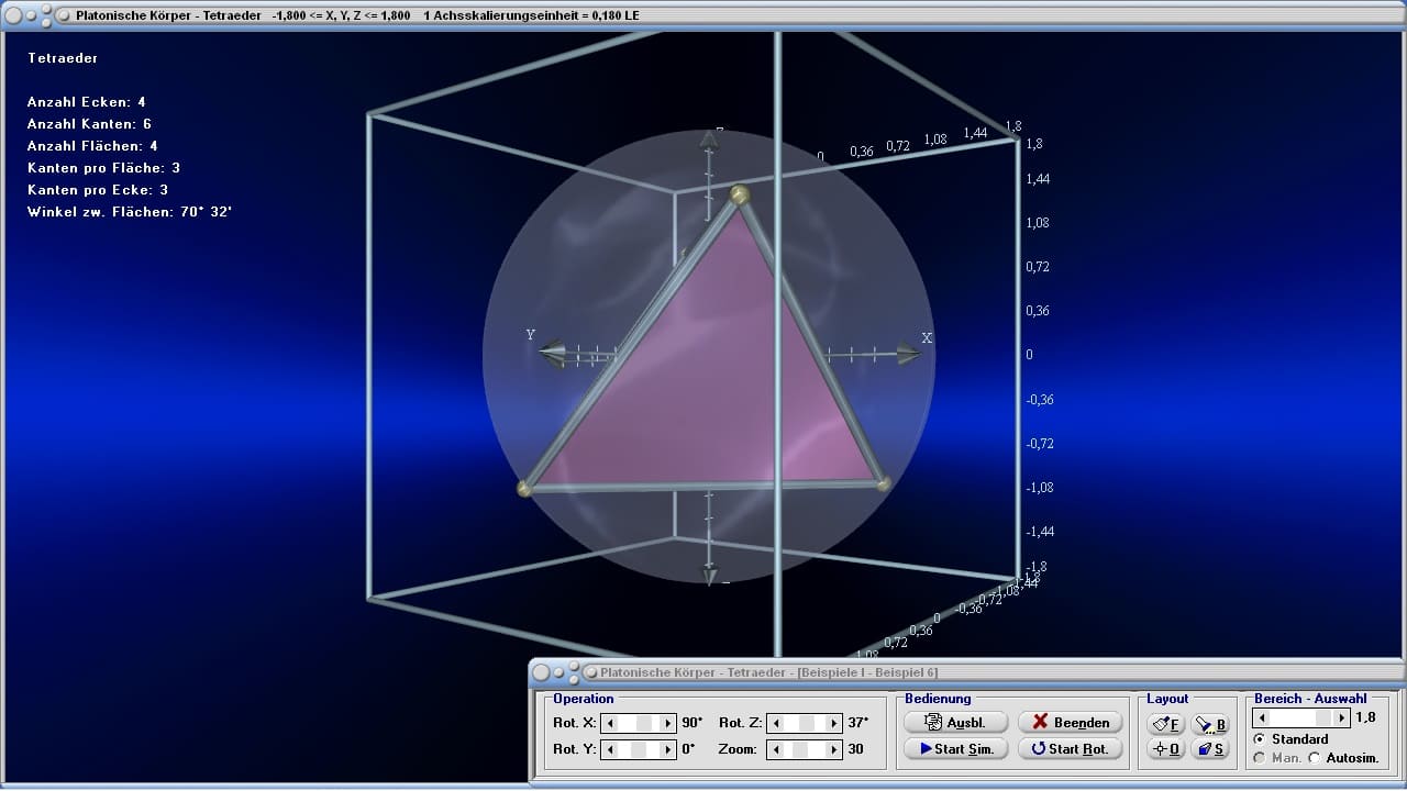 Platonische Körper - Bild 1 - Reguläre Polyeder - Duale Körper - R3 - Regelmäßige Polyeder - Regelmäßige Körper - Konvexe Polyeder - Tetraeder - Volumen - Flächeninhalt - Ecken - Kanten - Flächen - Platonische Polyeder - Reguläre Polyeder - Inkugel - Umkugel - Radius - Kantenlänge - Seitenflächen - Darstellen - Plotten - Graph - Rechner - Berechnen - Grafisch - Zeichnen - Plotter
