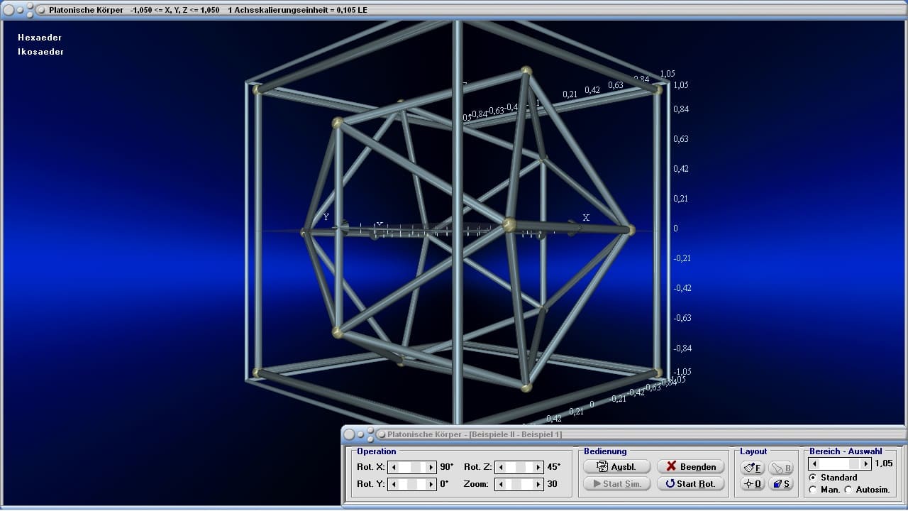 Platonische Körper - Bild 2 - Reguläre Polyeder - Duale Körper - R3 - Regelmäßige Polyeder - Regelmäßige Körper - Konvexe Polyeder - Volumen - Flächeninhalt - Ecken - Kanten - Flächen - Platonische Polyeder - Reguläre Polyeder - Inkugel - Umkugel - Radius - Kantenlänge - Seitenflächen - Flächen - Punkte - Darstellen - Plotten - Graph - Rechner - Berechnen - Grafik - Zeichnen - Plotter