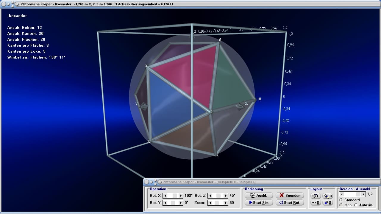Platonische Körper - Bild 3 - Reguläre Polyeder - Duale Körper - R3 - Regelmäßige Polyeder - Regelmäßige Körper - Konvexe Polyeder - Flächeninhalt - Ecken - Kanten - Flächen - Platonische Polyeder - Reguläre Polyeder - Volumen - Inkugel - Umkugel - Radius - Kantenlänge - Seitenflächen - Darstellen - Plotten - Graph - Rechner - Berechnen - Grafisch - Zeichnen - Plotter