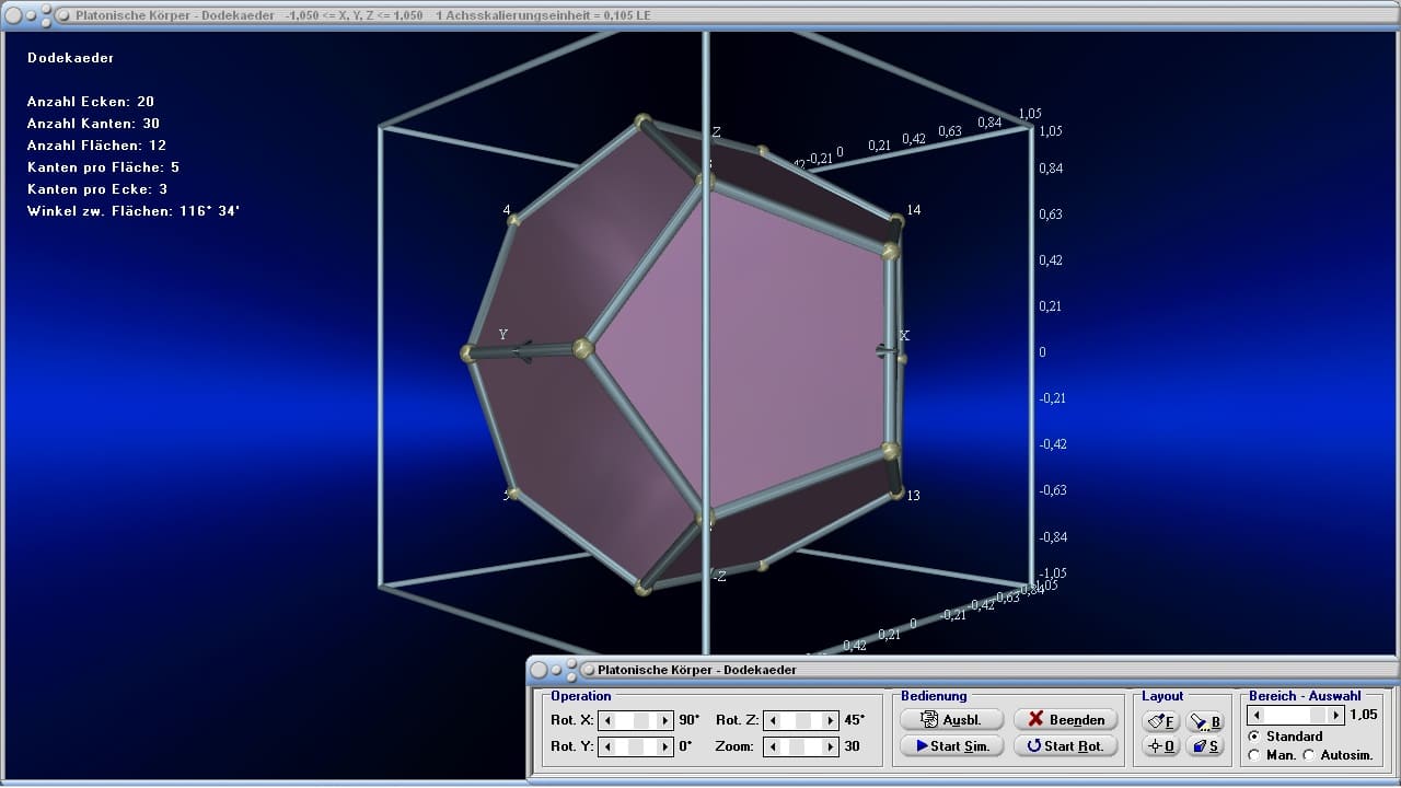 Platonische Körper - Bild 4 - Reguläre Polyeder - Duale Körper - R3 - Regelmäßige Polyeder - Regelmäßige Körper - Konvexe Polyeder - Volumen - Flächeninhalt - Ecken - Kanten - Flächen - Platonische Polyeder - Reguläre Polyeder - Inkugel - Umkugel - Radius - Kantenlänge - Seitenflächen - Bild - Darstellen - Plotten - Graph - Rechner - Berechnen - Grafik - Zeichnen - Plotter