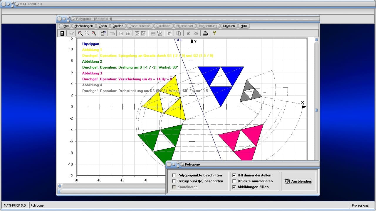 Polygone - Bild 4 - Spiegelung - Gerade - Punkte - Bildpunkte - Spiegeln - Figuren - Hintereinanderausführung - Abbildungsgeometrie - Rotationszentrum - Drehzentrum - Grafisch - Darstellen - Plotten - Graph - Rechner - Berechnen - Grafik - Zeichnen - Ursprung - Abbildung - Vieleck - Plotter