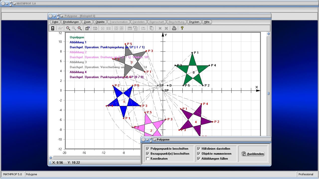 Polygone - Bild 3 - Punktspiegelung - Scherung - Schrägspiegelung - Zentrisch strecken - Zentrische Streckung - Spiegelpunkt - Strecken - Streckung - Darstellen - Plotten - Graph - Rechner - Berechnen - Grafik - Zeichnen - Ursprung - Abbildung - Vieleck - Polygon - Plotter