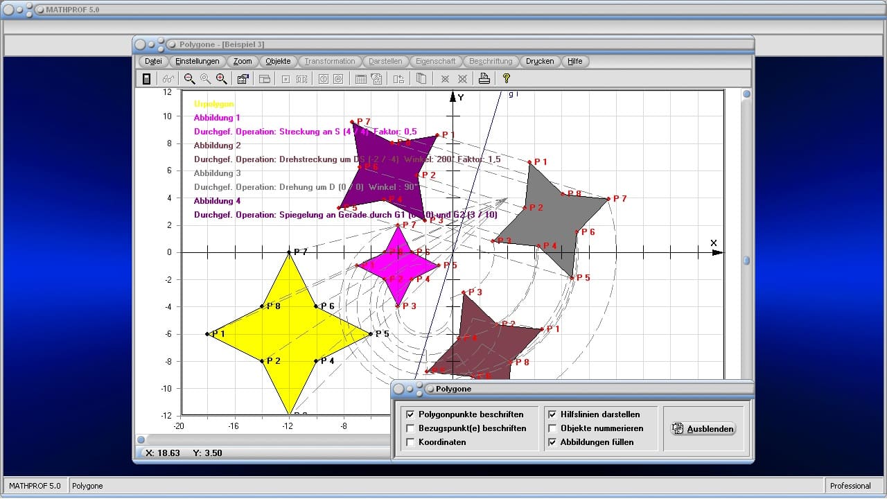 Polygone - Bild 1 - Zentrische Streckung - Geometrische Transformationen - Punkte - Kongruenzabbildungen - Geometrischer Schwerpunkt - Flächenschwerpunkt - Spiegelung - Spiegelachse - Streckung - Scherung - Stauchung - Verschiebung - Drehung - Drehstreckung - Mehrfachspiegelung - Darstellen - Plotten - Graph - Rechner - Berechnen - Grafik - Zeichnen - Plotter