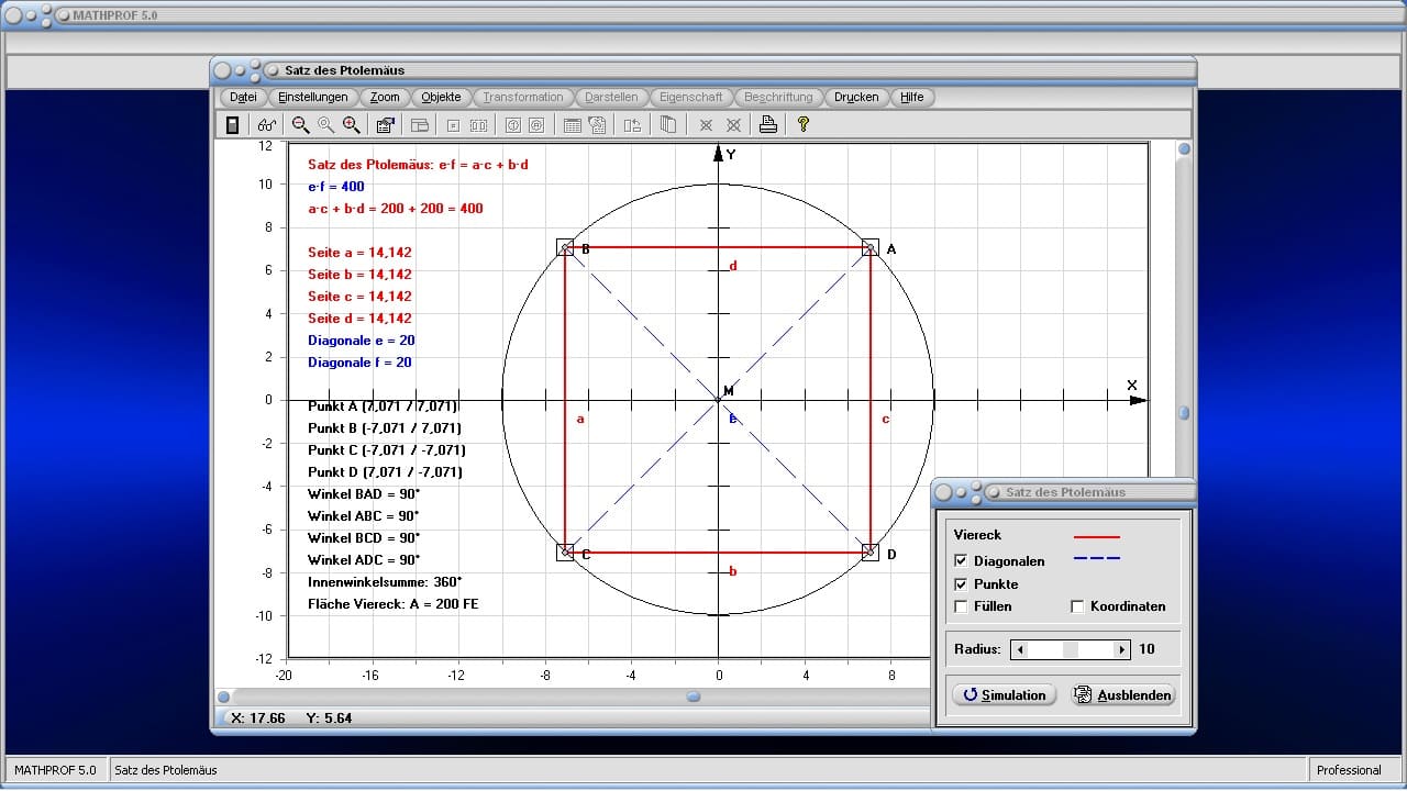 Satz des Ptolemäus - Bild 1 - Ptolemäus - Satz - Sehnenviereck - Tangentenvieleck - Eigenschaften - Flächeninhalt - Innenwinkel - Bild - Darstellen - Plotten - Graph - Rechner - Berechnen - Grafik - Zeichnen - Plotter