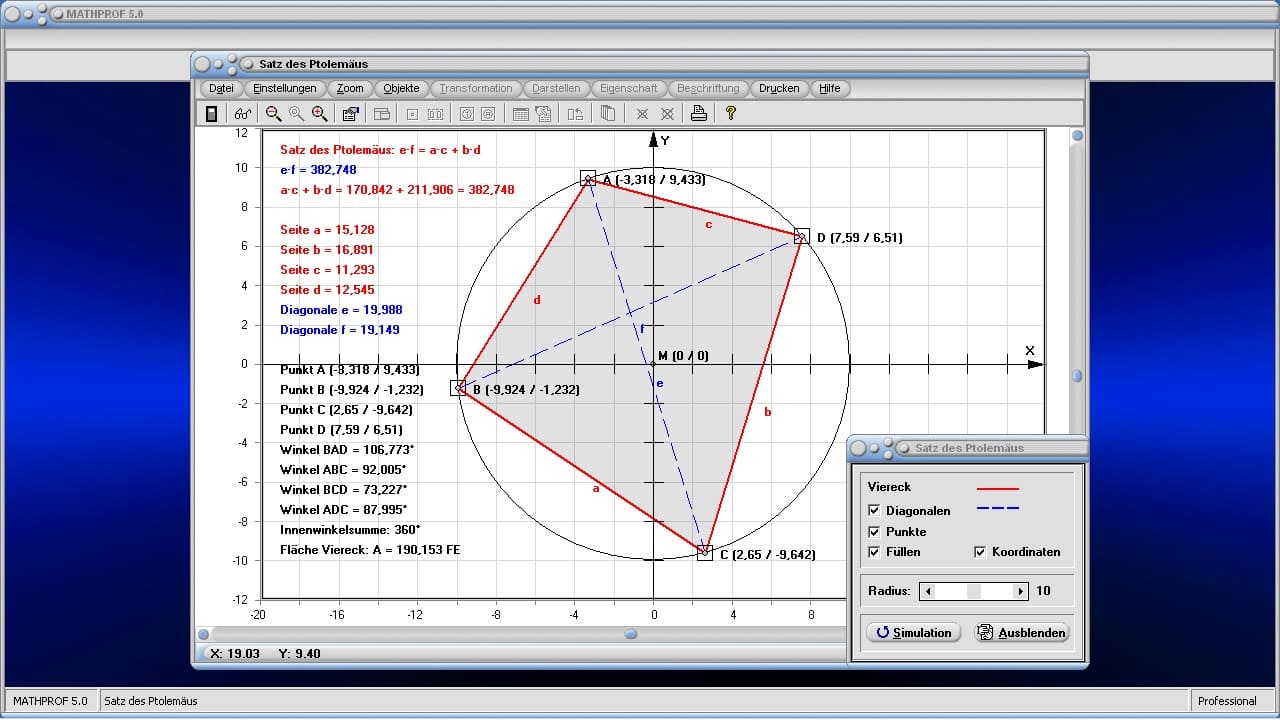 Satz des Ptolemäus - Bild 2 - Sehnenviereck - Tangentenvieleck - Eigenschaften - Fläche - Winkel - Bild - Darstellen - Plotten - Graph - Rechner - Berechnen - Grafik - Zeichnen - Plotter